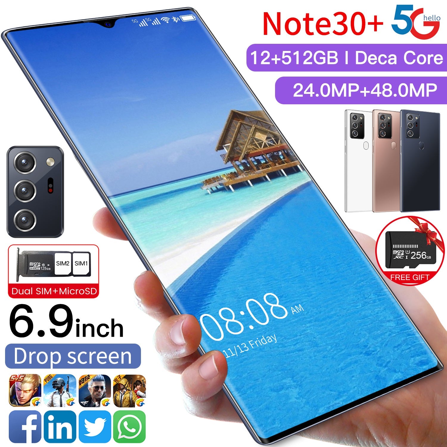 2021 Note30+ 6.9 inch 3840x2160 MTK6799 Android10.0 Smartphones 12GB+512GB 5G Cellphones 5600mAh Large Capacity Mobile Phone | Electrr Inc