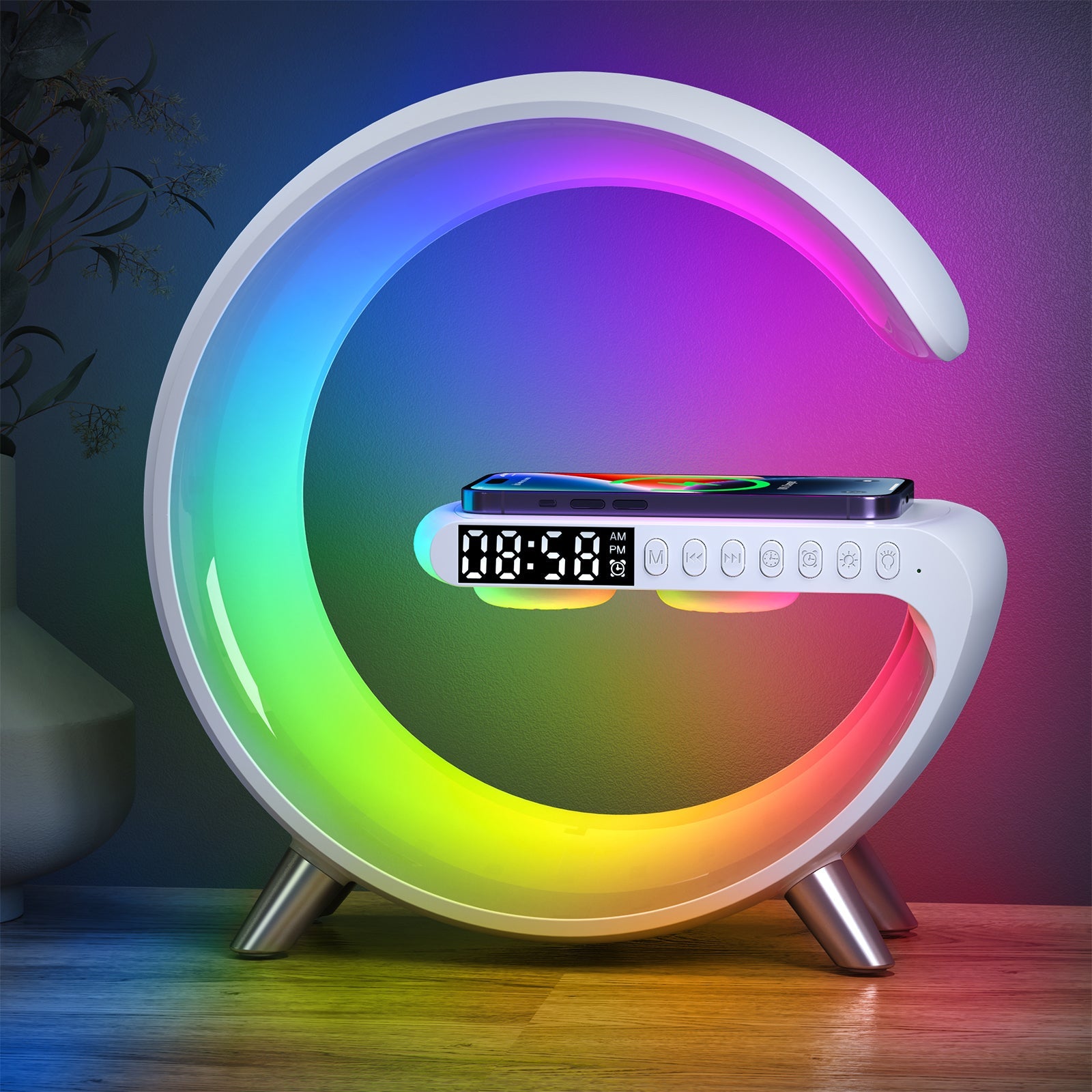 2023 Smart Home Gadgets App Control RGB light wireless charger with alarm clock BT speaker bedside wake up light | Electrr Inc