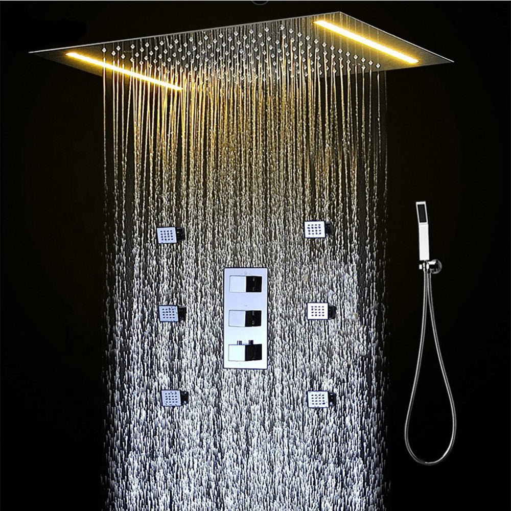 Bathroom led rainfall shower set 360*500mm embed ceiling rain showerhead set thermostatic diverter valve with massage body jets | Electrr Inc