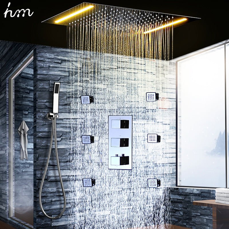 Bathroom led rainfall shower set 360*500mm embed ceiling rain showerhead set thermostatic diverter valve with massage body jets | Electrr Inc