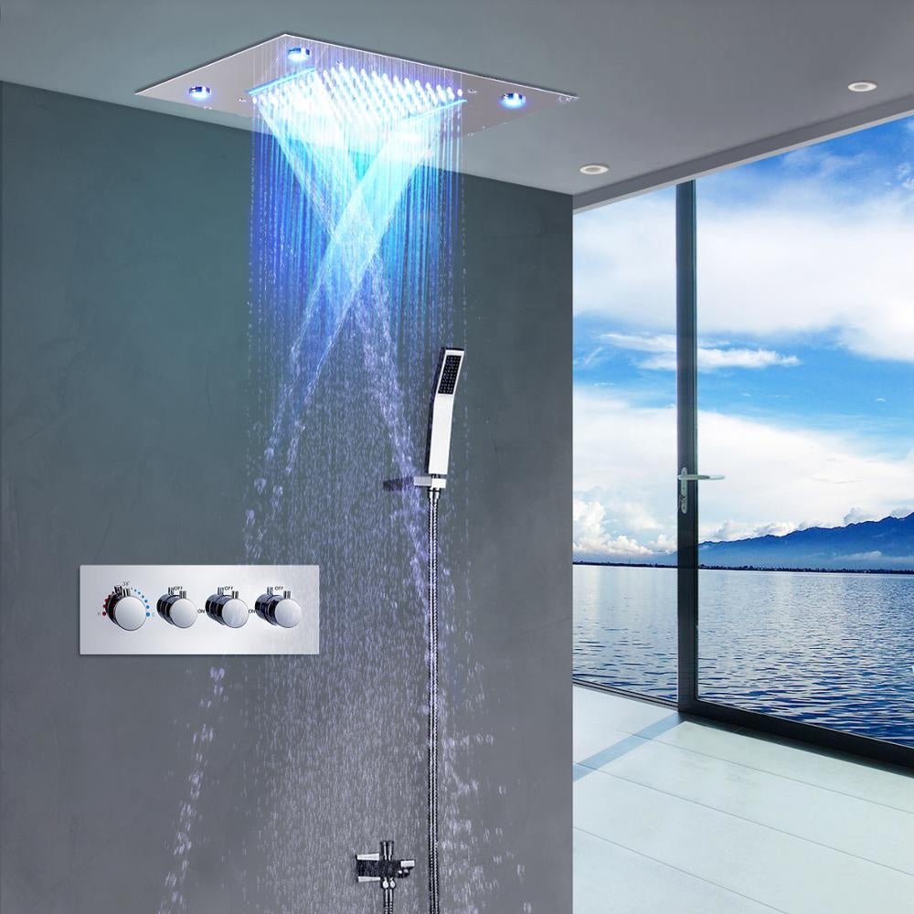 Ceiling Mounted Concealed LED Rain Shower Head Rainfall Waterfall Thermostatic Valve Rain Shower Set | Electrr Inc
