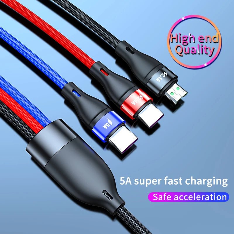 Nylon Braided 5A Super Fast VOOC charging Mobile Micro USB Cable 3 in 1 USB Charging Cable For iphone 12 Android | Electrr Inc