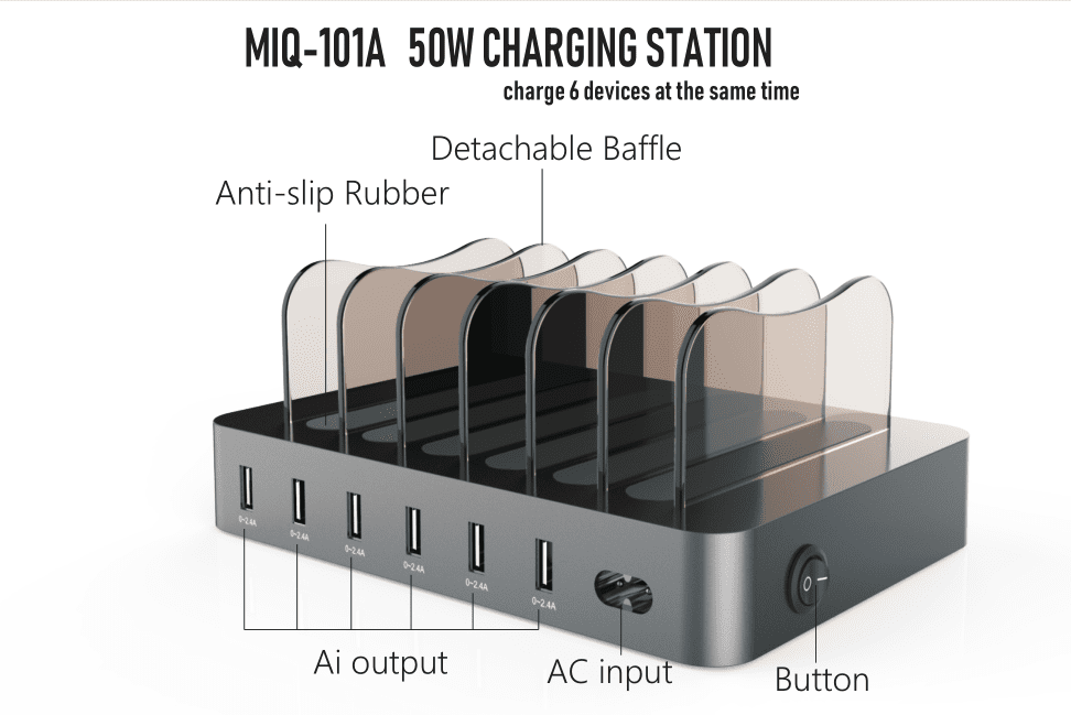 Charging Station for Multiple Devices - 6 Port Charging Station for iPhone iPad Android and Tablet - Multi Charging Station | Electrr Inc