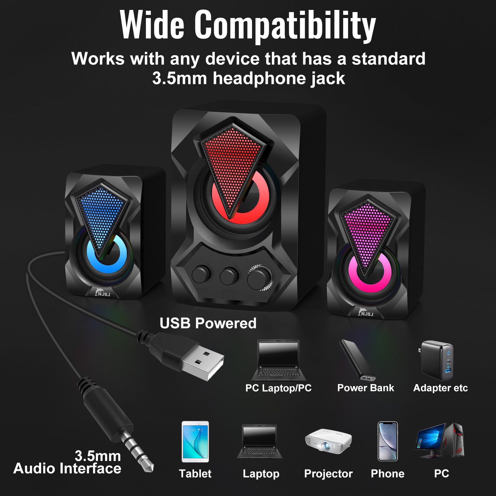 NJSJ Subwoofer Gaming Computer Speaker 2.1-Channel Music RGB Speaker for Home Theater System | Electrr Inc