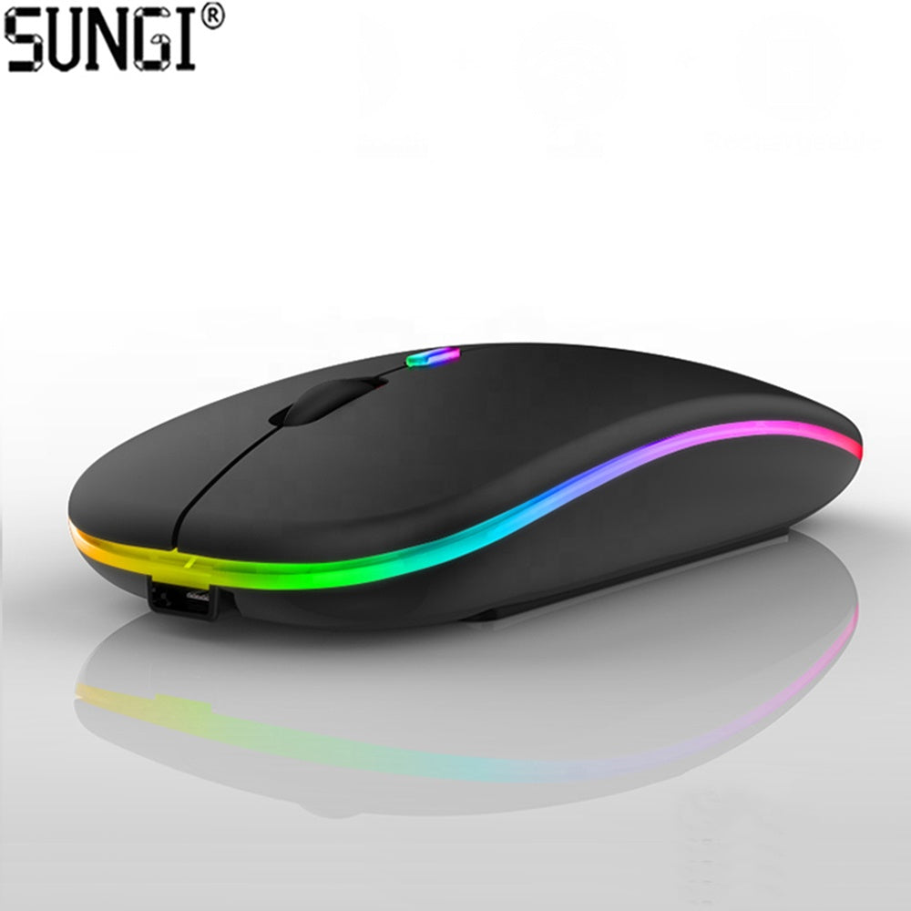 Slim and Portable Wireless Rechargeable 2.4GHz Wifi and BT Dual Mode Mouse USB Optical Computer Mouse with RGB Backlight Lights | Electrr Inc